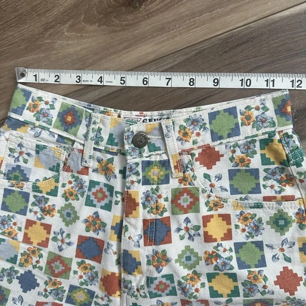Vintage 90s GUESS USA Southwestern Patchwork Print High Waist Shorts XXS 23”